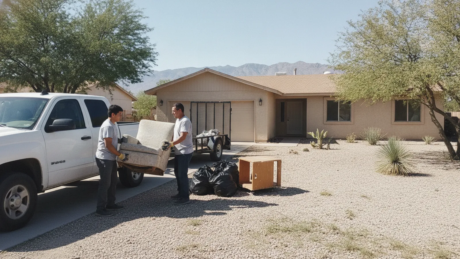 Horizon City Trash Removal crew loading a junk-removal truck with the Franklin Mountains behind